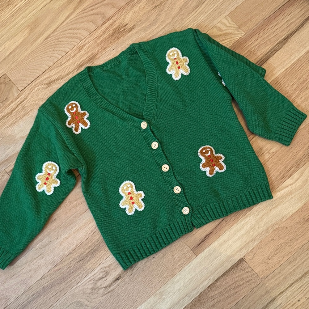 Green Gingerbread Patch V‑Neck Cardigan Sweater